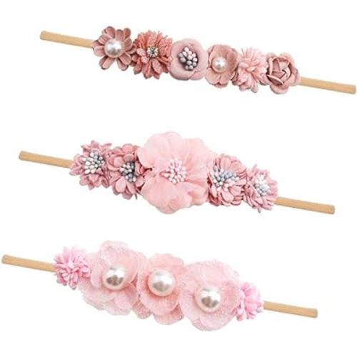 cherrboll 3pcs Baby Girl Flower Headbands, Super Soft & Stretchy Nylon Floral Hairbands for Newborn Toddler