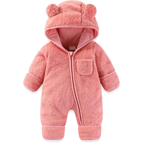 XFHLMJFF Bear Ears Jumpsuit Hooded Baby Fold Over Mittens Footies Girls Boys Winter Long Sleeve Solid Color Pajamas Onesies Suit for 6-9 Months