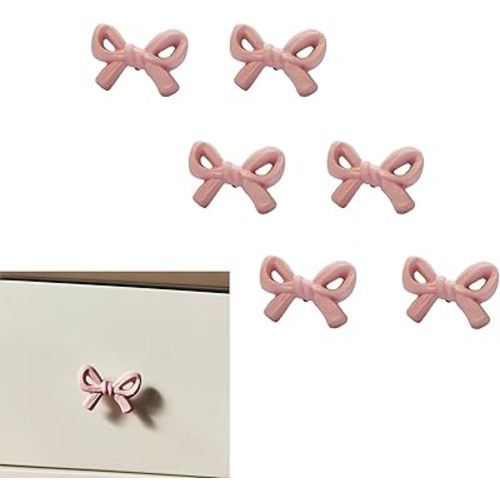 6Pack Metal Bow Cabinet Knobs,Vintage Gold Bow Drawer Knobs,Decorative Bow Knobs for Home Kitchen Cabinet Hardware Cupboard Glass Door Dresser Wardrobe and Drawer Pulls (Pink)