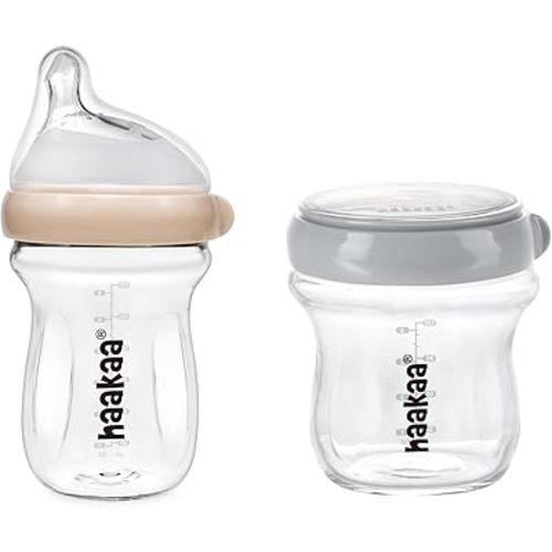 haakaa Natural Glass Baby Bottle Wide Neck Anti&Breastmilk Storage Container Glass Baby Food Jar Set-Easy to Clean & Latch for 6M+ Breastfed Babies BPA- Free