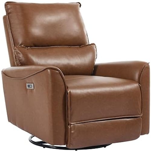 Power Swivel Rocker Recliner Chair for Adults, Leather Glider Rocking Recliner for Nursery, Modern Small Recliners for Small Spaces/Living Room/RV, Brown