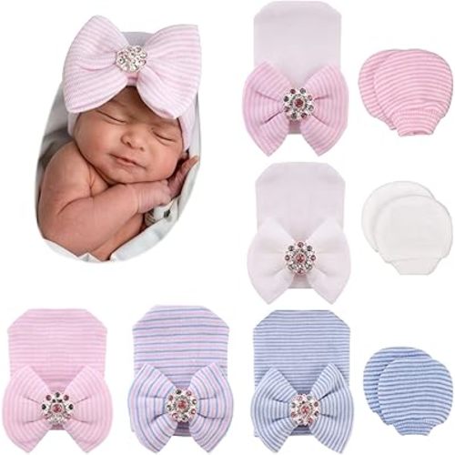 BQUBO Newborn Baby Caps Mittens for Baby Girls Baby Hats Scratch Mitten Gloves Set Soft Hospital Hat Infant Hats with Bow
