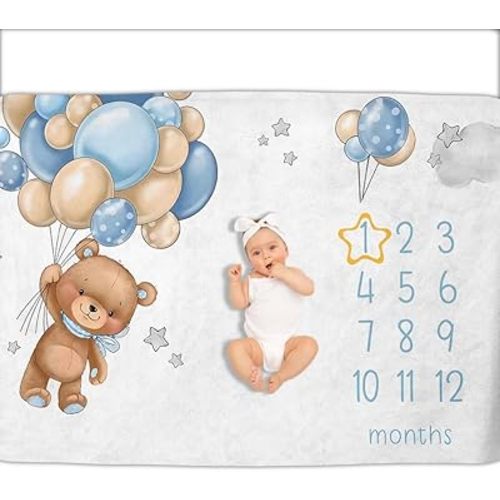 OLIVE OLIVIA Cartoon Baby Monthly Milestone Blanket, First 12 Months Baby Milestone Blanket for Baby Girls, Baby boy Blankets, Perfect Baby Blanket Gifts with Pentagram Frame, 50"x60"