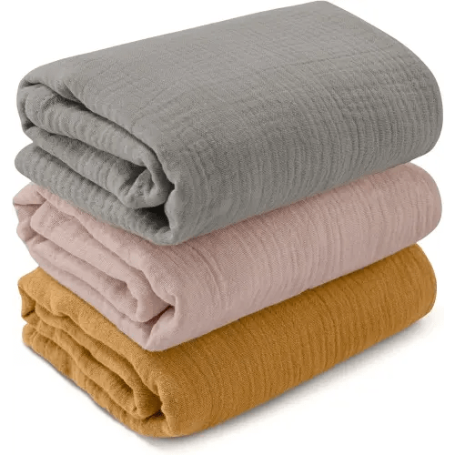 Muslin Swaddle Blankets for Newborn, 3 Pack Breathable Soft Receiving Blanket, Large 38 x 40 inches Swaddle Wrap Burping Clothes, Essentials Infant Shower Items, Toddler Gift (Multiple Colors)