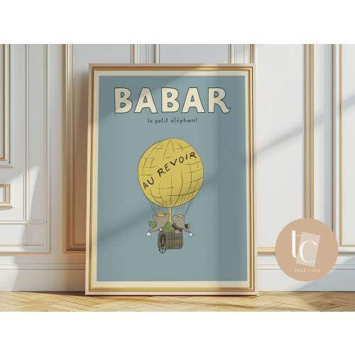Babar the elephant hot air balloon nursery print