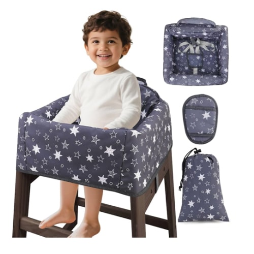 Baby High Chair Cover Restaurant with Strap Pads & 3-Point Harness, Machine Washable, Waterproof Portable Highchair Covers for Eating, Travel, Home Use - Fits Wooden Chairs, Grey Stars