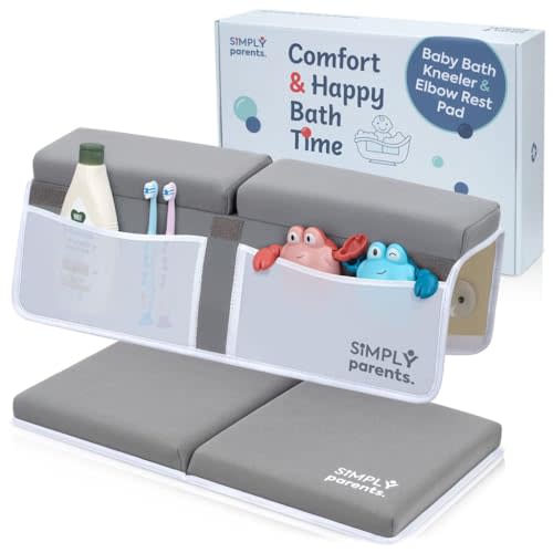 Baby Bath Kneeler and Elbow Rest Pad Set – Quick-Dry, Non-Slip Bath Kneeling Rest Pad for Bathing a Baby or Toddler, with Toy Organizer Pockets, with a Gift Box, Baby Bath Accessories for tub, Gray