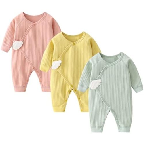 Newborn Baby Romper - Unisex Cotton Bodysuit for Infant Baby Boys Girls 3 Pack Long Sleeve Button Solid Jumpsuits