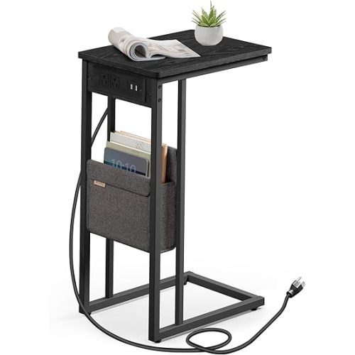 VASAGLE C-Shaped Side Table, End Table with Charging Station, 2 USB Ports and Outlets, C Table for Couch, Sofa, with Storage Bag, Adjustable Feet, for Bedroom, Living Room, Ebony Black ULET356B01
