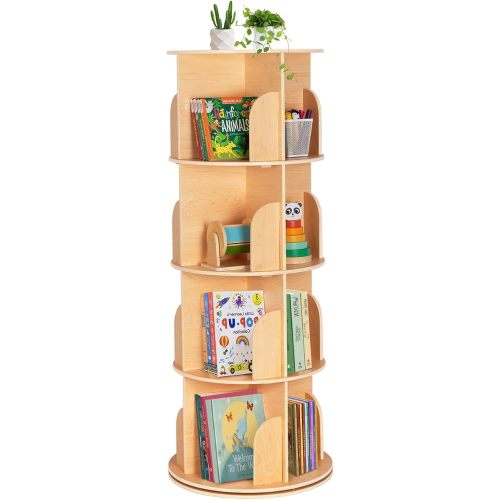 OOOK 4-Tier Rotating Bookshelf Tower, 360°Display Wooden Spinning Bookcase