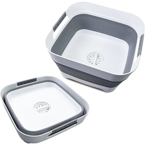 2.4 Gal Collapsible Wash Basin with Drain Plug - 9L Dish Pan for Baby Bottle Soak, Foldable Sink, Multi-Purpose Bucket - Ideal for Camping, RV, Vegetable Washing, Ice Tub & Beverages