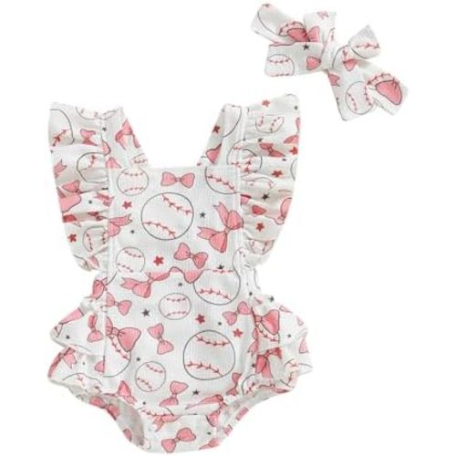 Newborn Baby Girl Baseball Outfit Baseball Print Ruffle Sleeveless Romper Bodysuit One Piece Outfit Fall Clothes