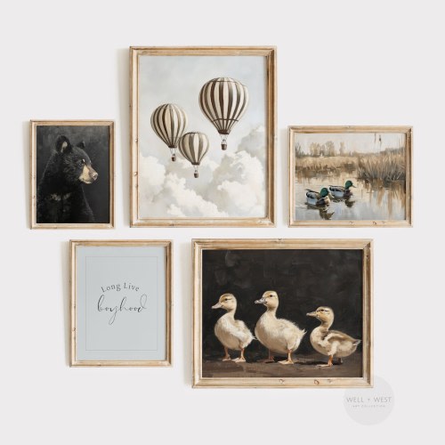 Vintage Boy Nursery Set of Five | Neutral Tone Oil Painting | Boy's Room Animal Prints | Kids Room Decor | Antique Playroom Wall Art | PS07