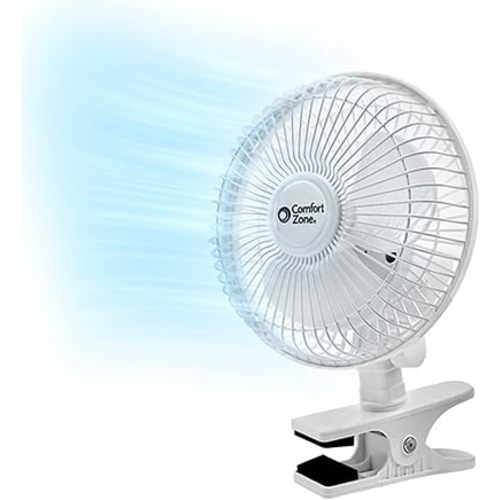 Comfort Zone Portable Clip on Fan with Fully Adjustable Tilt, Electric, 6 inch, Quiet, Indoor, 2 Speed, Mini Desk Fan, Table Fan, Airflow 6.53 ft/sec, Ideal for Home, Bedroom, Dorm & Office, CZ6C