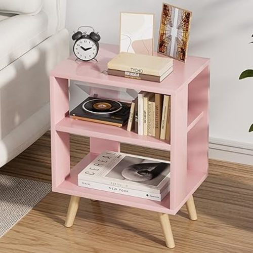 Night Stand, Pink Kids Nightstand, Modern End Table with Open Storage, 2-Tier Nursery Bedside Table for Small Space, Living Room, Bedroom