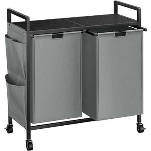 WOWLIVE Double Laundry Hamper with Lid,Rolling Laundry Basket Organizer with Wheels, Iron-Made Laundry Sorter with Top Shelf and 2 Removable Bags,Large Laundry Storage for Room,Gray