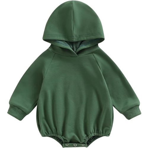 Thorn Tree Newborn Baby Boys Hooded Sweatshirt Long Sleeve Solid Romper Infant Baby Fall Winter Spring Outfits - Green - 0-3 Months