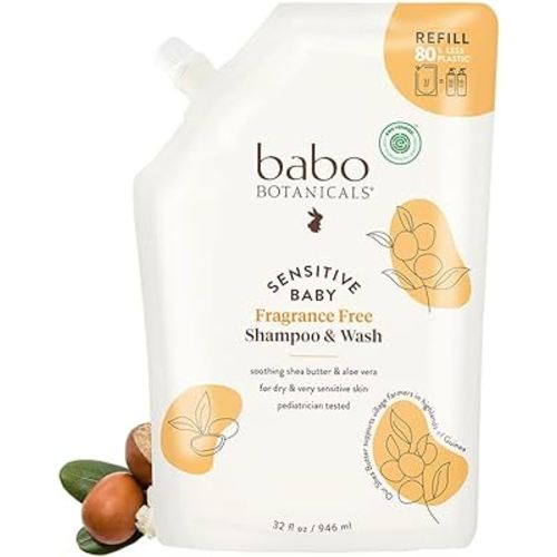 Babo Botanicals Sensitive Baby Fragrance-Free 2-in-1 Shampoo & Wash - Shea Butter, Calendula & Aloe Vera - EWG Verified - Cruelty-Free - Vegan - Pediatrician Tested - For Babies & Kids