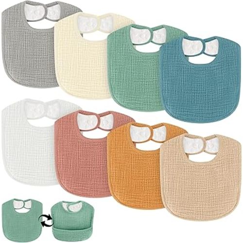 Dual Usage Baby Bibs for Drooling and Teething, 8 Pack Muslin Baby Drool Bibs for Boys & Girls with Hidden Pocket, Soft Cotton, Extra Absorbent, Mess-proof, for Toddler, Newborn, Infant