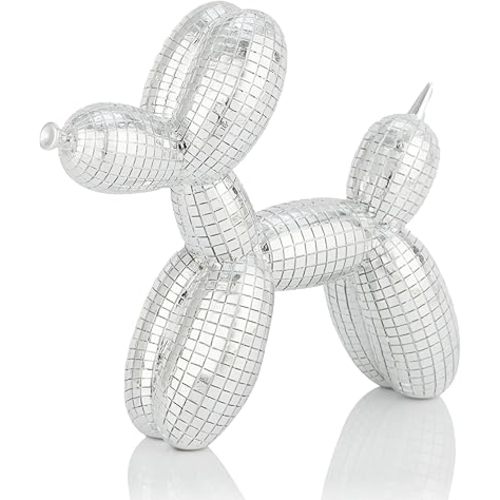 Disco Silver Balloon Dog Sculpture, DJ Table Decoration, Gift for Art and Music Enthusiasts, Disco Electroplated Mirror Finish