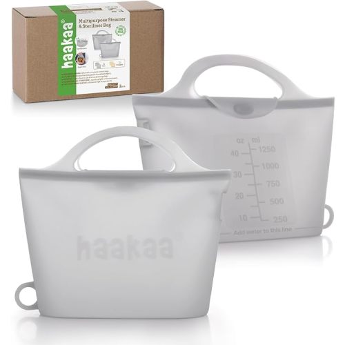 Haakaa On-The-Go Silicone Microwave Steam Sterilizer Bags for Travel, 40oz/1250ml Reusable Silicone Steaming Bags for Baby Bottles, Breast Pump, Accessories, Pacifiers, Teethers, Grey/2PCS
