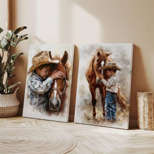 Set of country western canvases. Cowboy & horse paintings. Southern living rustic home decor. Boy hugging chestnut horse. Bedroom, playroom