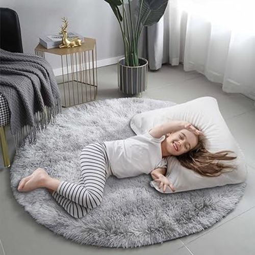 5x5 Ft Fluffy Plush Round Rug for Living Room Comfortable Soft Home Decor Rug for Kids Room Baby Nursery Circle Rug Shaggy Anti-Skid Carpet for Boys & Girls（Light Gray）