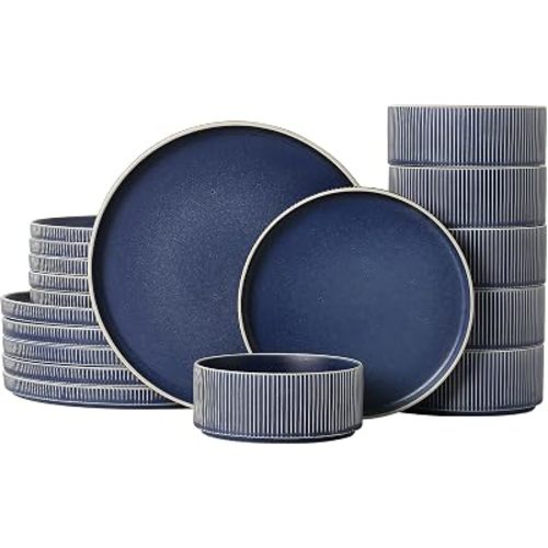 Dinnerware Set Service for 6, 18-Piece Ceramic Plates and Bowls Set, Chip & Scratch Resistant, Microwave and Dishwasher Safe, Modern Minimalist Tableware for Everyday Use, Matte Blue