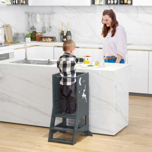 Toddler Kitchen Stool Helper Baby Standing Tower With Chalkboard and Whiteboard-Gray