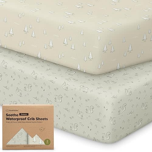 2-Pack Waterproof Crib Sheets for Boys, Girls - 52x28 Organic Cotton Crib Mattress Sheets Fitted, Neutral, Toddler Mattress Protector Cover, Washable,Soft & Durable Baby Bedding Essentials(Pine Grove)