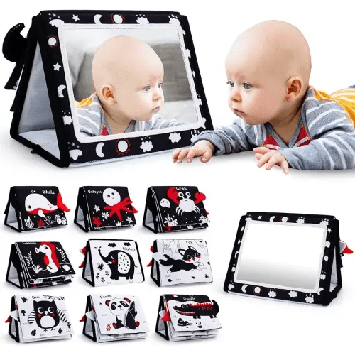 Tummy Time Mirror, Baby Tummy Time Toys with Soft Book, Black and White High Contrast Baby Toys, 3D Activity Sensory Montessori Toys Crawling Mat