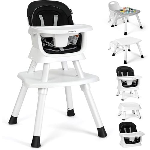 Cowiewie 8 in 1 Baby High Chair Growing with Baby High Chairs for Babies and Toddlers Chair Set Building Block Table Highchair with Safety Harness, Removable Tray (White & Black)