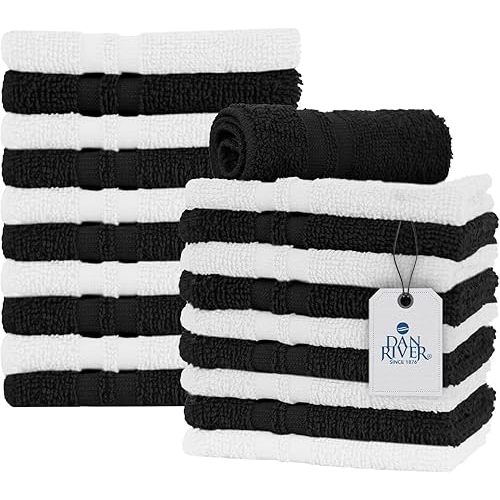 DAN RIVER 100% Cotton Washcloths 20 Pack Premium Quality Face and Body Cloth, Quick Dry Essential Towels for Bathroom, Hand, Kitchen & Cleaning, Baby Washcloths | 11X11 in | 400 GSM | Black+White