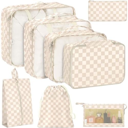 KPX 8 Set Packing Cubes for Travel, Luggage Packing Organizers Accessories Large Toiletries Bag for Clothes Shoes Cosmetics (Two-tone Khaki)