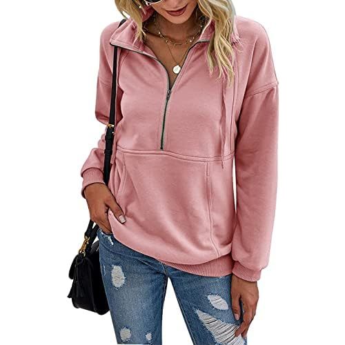PRETTYGARDEN Women's Casual Long Sleeve Lapel Zipper Sweatshirt Drawstring Loose Pullover Tops