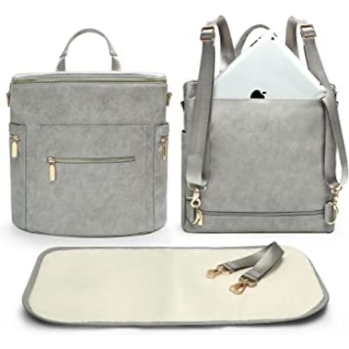 miss fong Diaper Bag Backpack Baby Diaper Bag, Large Leather Diaper Backpack with 16 Pockets Travel Bag with Diaper Changing Pad, Stroller Straps & 2 Insulated Pockets (Convertible,Premium Grey)