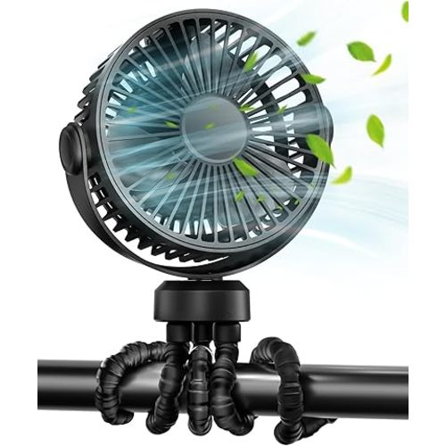 Stroller Fan, Battery Operated Clip On Portable Fan, 360°Rotate USB Rechargeable Personal Desk Fan, 3 Adjustable Wind speed, Detachable Twistable Tripod for Baby Stroller, Cot, Car Seat,Treadmill