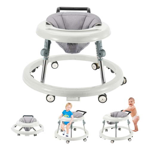 Baby Walker, Foldable 5-Gear Height Adjustable Baby Walker with Wheels, Infant Toddler Walker with Foot Pads, Anti-Fall Baby Walkers and Activity Center Bouncer Combo for Boys and Girls 6-27 Months