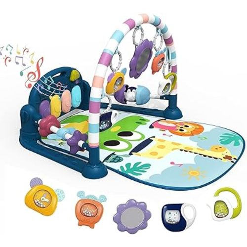 dearlomum Baby Play Mat Baby Gym,Funny Play Piano Tummy Time Baby Activity Mat with 5 Infant Sensory Baby Toys, Music and Lights Boy & Girl Gifts for Newborn Baby 0 to 3 6 9 12 Months（Crocodile Blue）