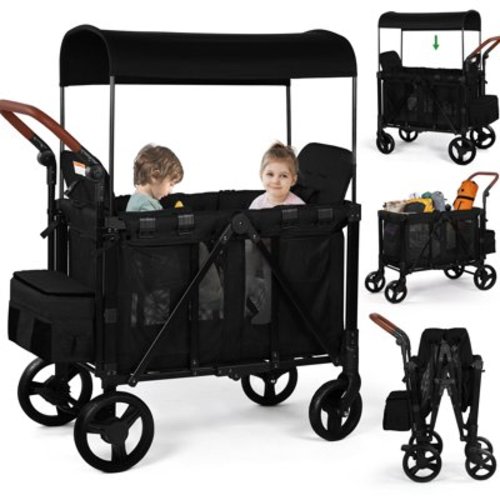 Vomeast Wagon Stroller for 2 Kids, 3-in-1 Wagon Stroller with Canopy, 5-Point Harness, Adjustable Handlebars, Removable Seat for Toddlers, Black