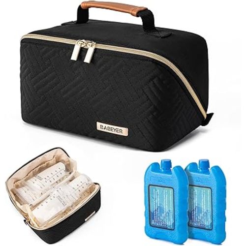 Breastmilk Cooler Travel Bag with Ice Pack, Portable Insulated Breast Milk Cooler Bag Fits 6 Bags of Breastmilk for Nursing & Working, Black