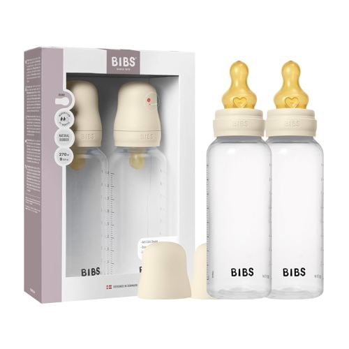 BIBS Baby Bottle 9 oz / 270 ml Natural Rubber Latex Nipple 2 Pack - Anti-Colic, BPA-Free, Round Nipple, Medium Flow, Lightweight & Easy to Clean, Suitable for Newborns 0+ Years - Ivory