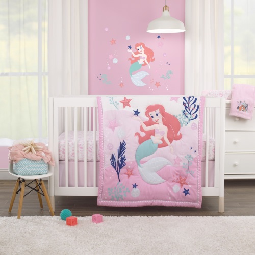 Disney The Little Mermaid Cute By Nature, Pink, Aqua, Coral, 3- Piece Nursery Crib Bedding Set, Comforter, sheet, dust ruffle, Girl nursery