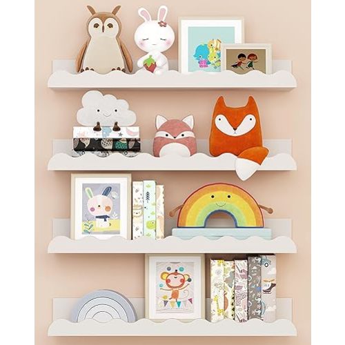 Kids' Bookshelf Set of 4 - White Floating Nursery Book Shelves, Picture Ledge Shelf for Wall Decor and Storage - Perfect for Books, Toys, Photo Frames, and Nursery Décor