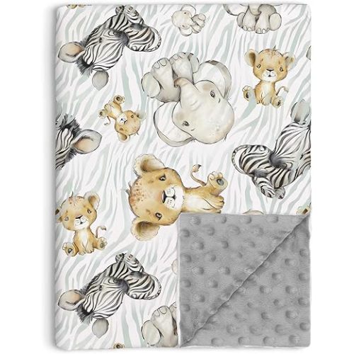 Safari Jungle Animal Baby Blanket for Unisex, Soft Double Layer Minky with Dotted Backing Receiving Blankets, Newborn Nursery Crib, Stroller, Toddler, 30"x40"