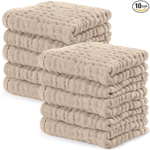 Comfy Cubs Muslin Baby Washcloths 10 Pack - Soft 6-Layer Cotton Wash Cloths for Sensitive Skin - 10"x10" Large, Gentle, Absorbent Infant Essentials for Newborn and Toddlers - Sand