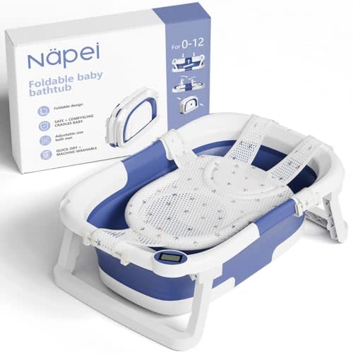 napei Collapsible Baby Bathtub,Baby Bath Tub with Soft Cushion & Thermometer,Baby Bathtub Newborn to Toddler 0-36 Months,Portable Travel Baby Tub