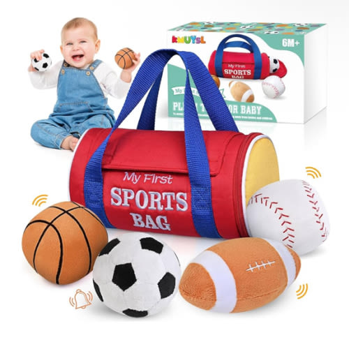 KMUYSL Baby Toys 0-12 Months, My First Sports Bag Plush Toy - 4 Sensory Balls Soft Toys with Crinkle, Rattles for 0-3-6-9-12 Month Newborn Infant, 1st Birthday for Babies Boys Girls Age 1