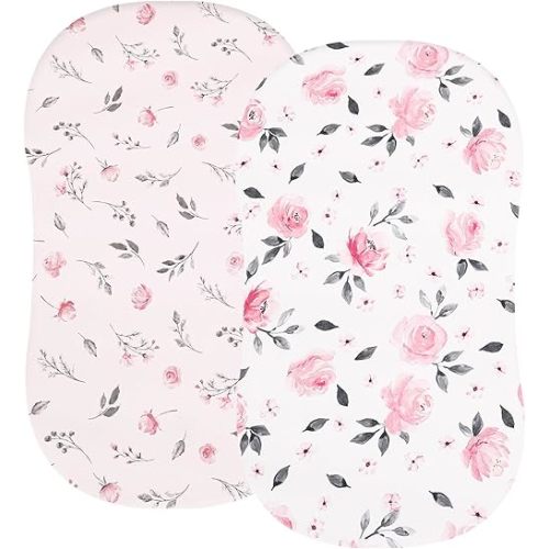 PHF Soft Bassinet Sheet Set, 2 Pack Silky Comfy Breathable Cradle Sheets for Baby Girls, Univeral Fit for Most Oval Rectangle Cradle and Bassinet Mattress/Pad, Pink Floral
