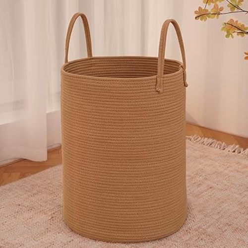 Amazon.com : JMvicyroam Large Woven Laundry Basket Hamper,60L Cotton Rope Storage Bin for Blankets,Toys and Clothes,Decorative Tall Nursery Hamper for Living Room,Baby Nursery,Bathroom and Bedroom,Golden Jute : Baby